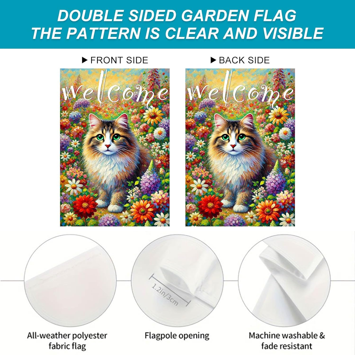 Spring Welcome Cat Garden Flag Double Sided 12x18 Inch Tabby Cat Garden Flag Funny Floral Tulip Cats Flags Vertical Farmhouse Welcome Yard Spring Summer Seasonal Outdoor Porch Decor - Image 3