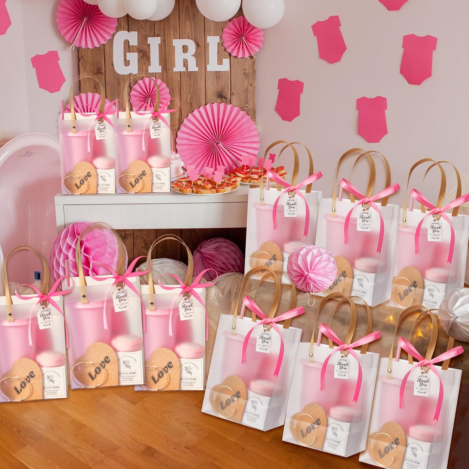 56Pcs Baby Shower Prizes for Game Winners Baby Shower Favors Gifts including Plastic Tumbler Notebook Scented Candles Ballpoint Pen Mirrors with Hair Brushes Bracelet Gift Bag (Pink) - Image 7