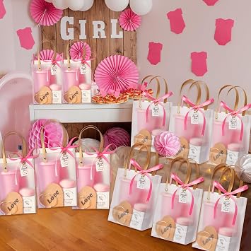 56Pcs Baby Shower Prizes for Game Winners Baby Shower Favors Gifts including Plastic Tumbler Notebook Scented Candles Ballpoint Pen Mirrors with Hair Brushes Bracelet Gift Bag (Pink)
