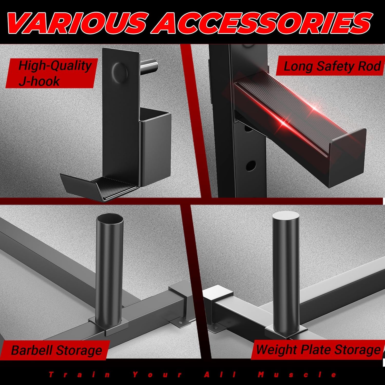 papababe Squat Rack with Pull Up Bar, Multi-Functional Power Rack with J-Hooks and Safety Arms, Workout Rack with Plate Stake and Barbell Storage for Home and Garage Gym