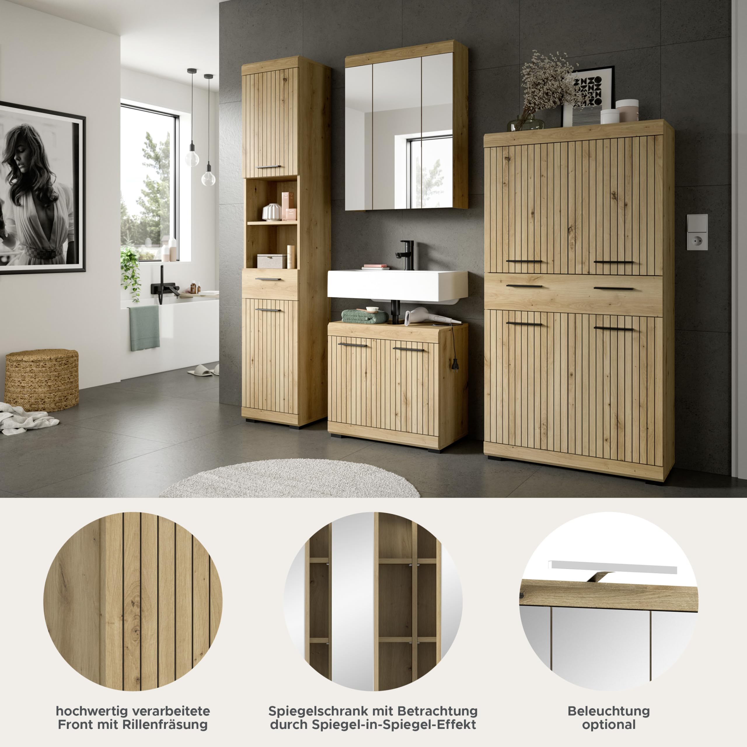 xonox.home – 4 TLG. Badkombination Scout 201x191x34 cm in Artisan & Schwarz – Set aus Hochschrank – Bild 7