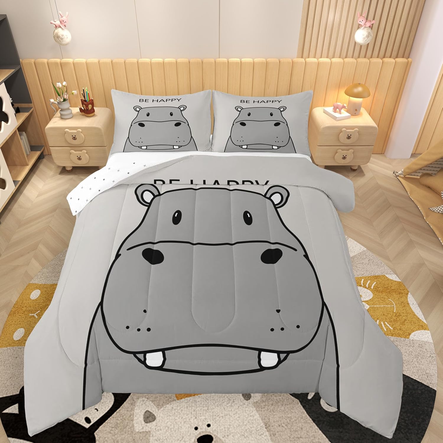 jejeloiu Kids Hippo Bedding Set Twin Size Cute Hippopotamus Comforter Set Be Happy Quote Comforter Boys Girls Teens Ultra Soft Cartoon Grey
