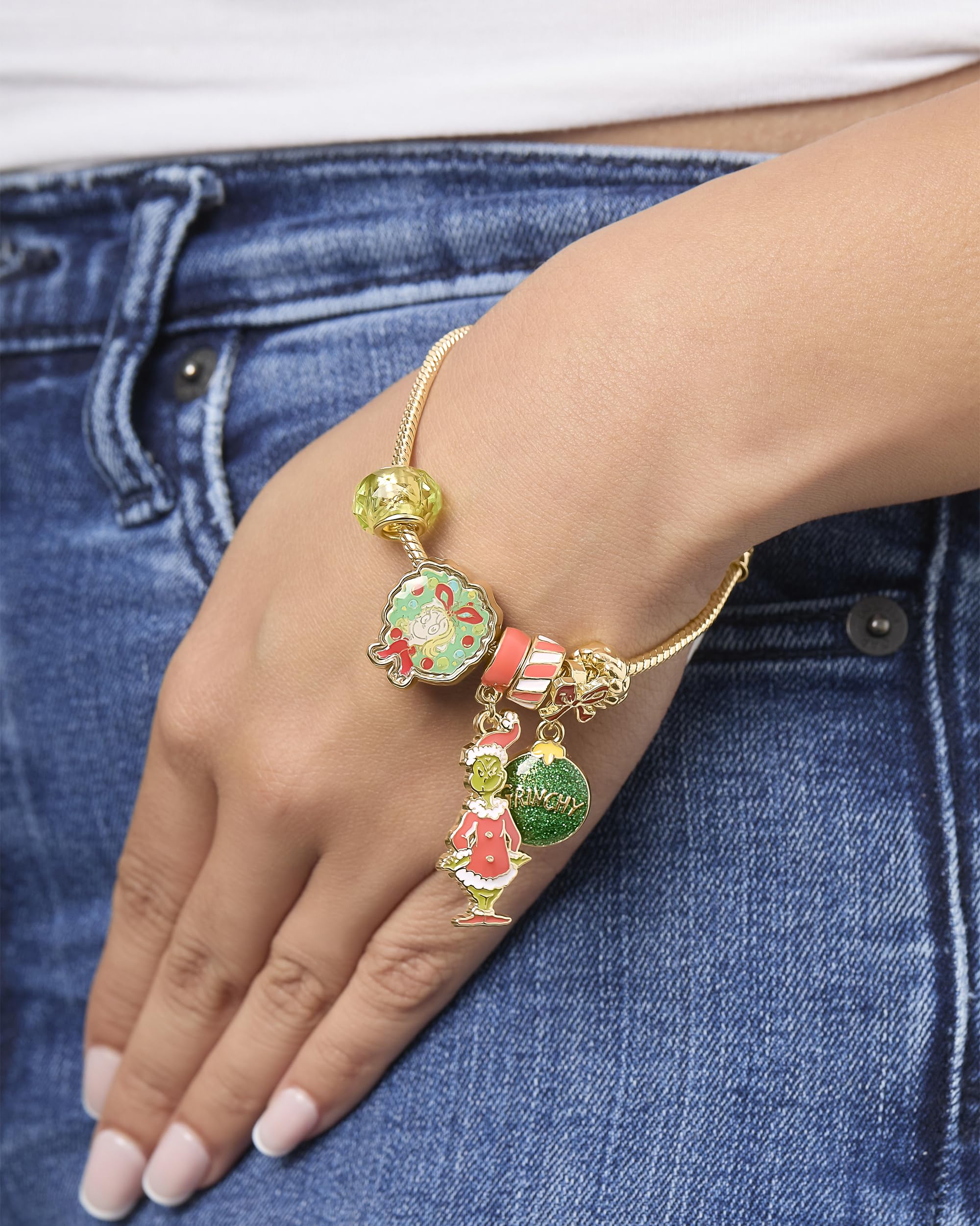 SALLY ROSE The Grinch Charm Bracelet for Women 7", Gold-Tone Grinch Jewelry Official License, Christmas Bracelets