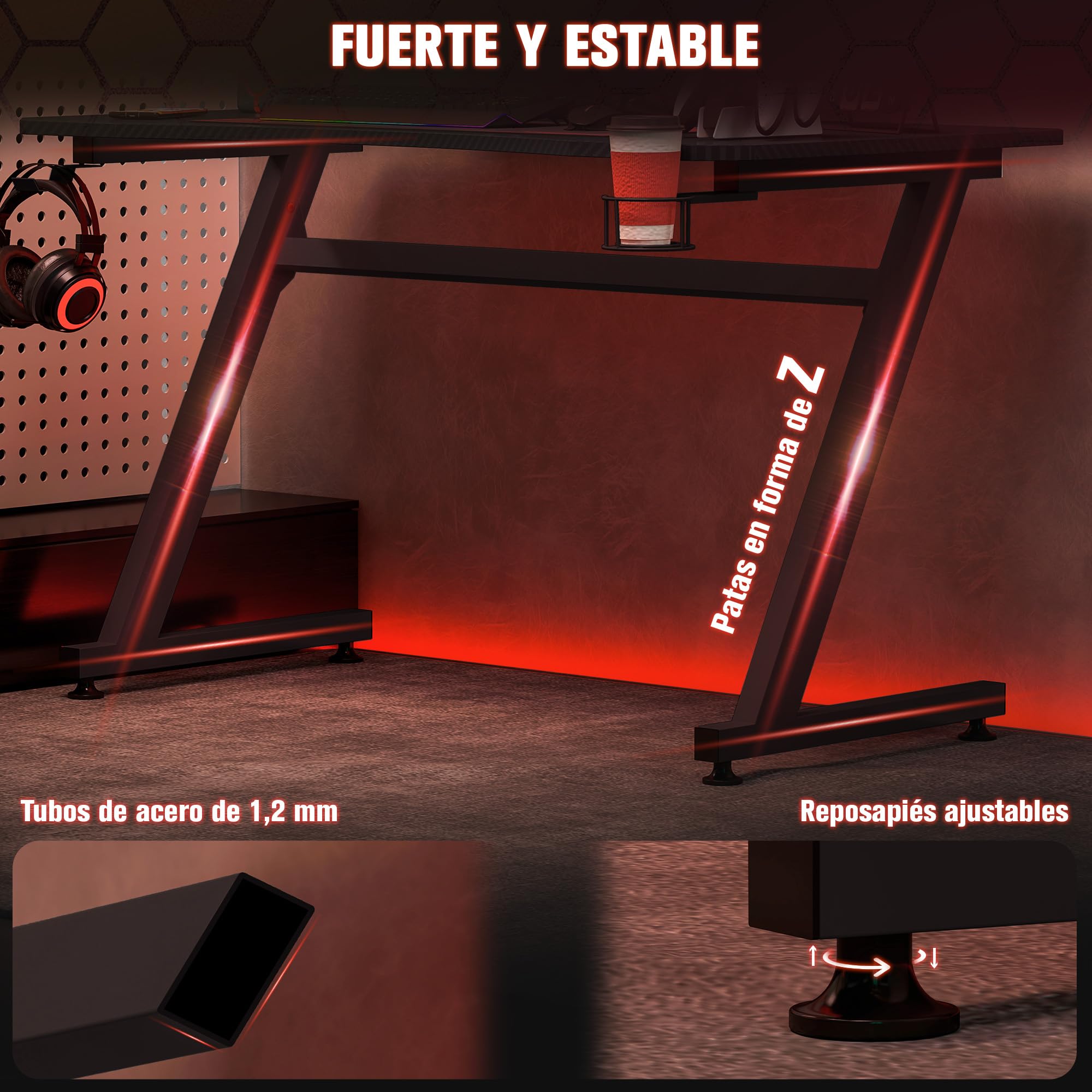 HOMCOM Mesa Gaming 120x65x74,5 cm Escritorio Ergonómico para PC Negro | Gaming Desk, Portavasos, Gancho para Auriculares, Pies Ajustables, Efecto de Fibra de Carbono