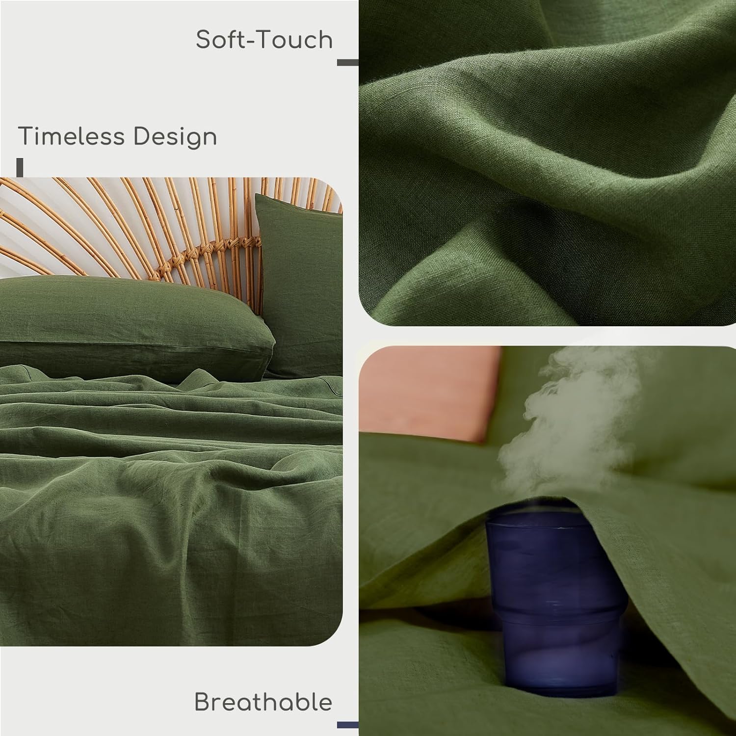 100% Linen Sheets Set Queen Size, Natural Pure Flax 4 Piece Bed Sets, 16" Deep Pocket, Breathable Cooling Bed Soft Durable Bedding, Machine Washable (Mossy Green,Queen)