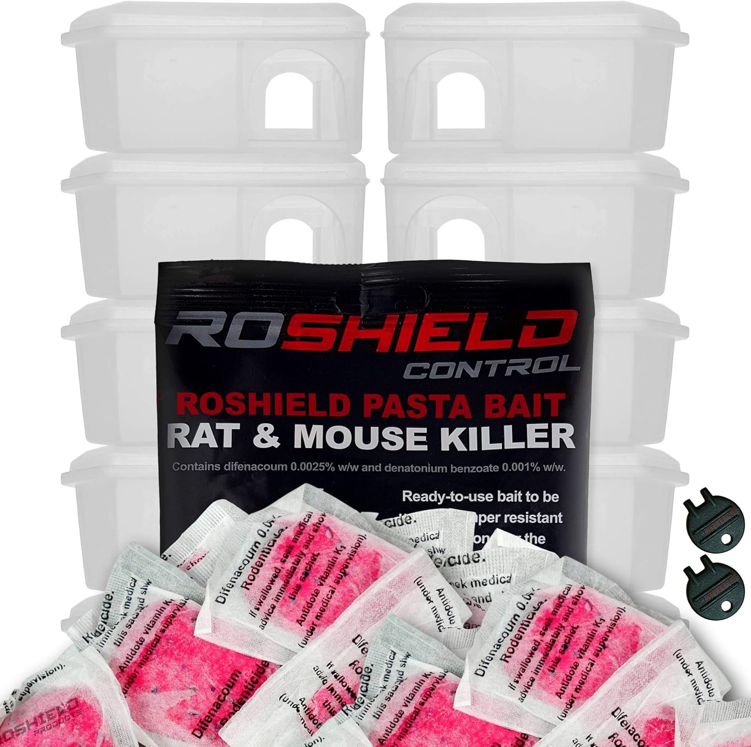 Roshield Clear TamperProof Mouse Bait Boxes & 30 Pasta Sachet Mice