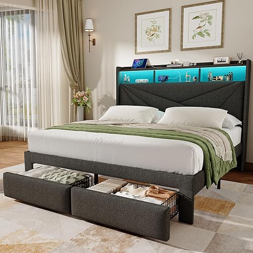 Miniatura 8 de Base de cama Queen con cabecera de almacenamiento de 2 niveles, marco de cama tapizado tamaño Queen con 2 cajones, estación de carga y luces LED, no