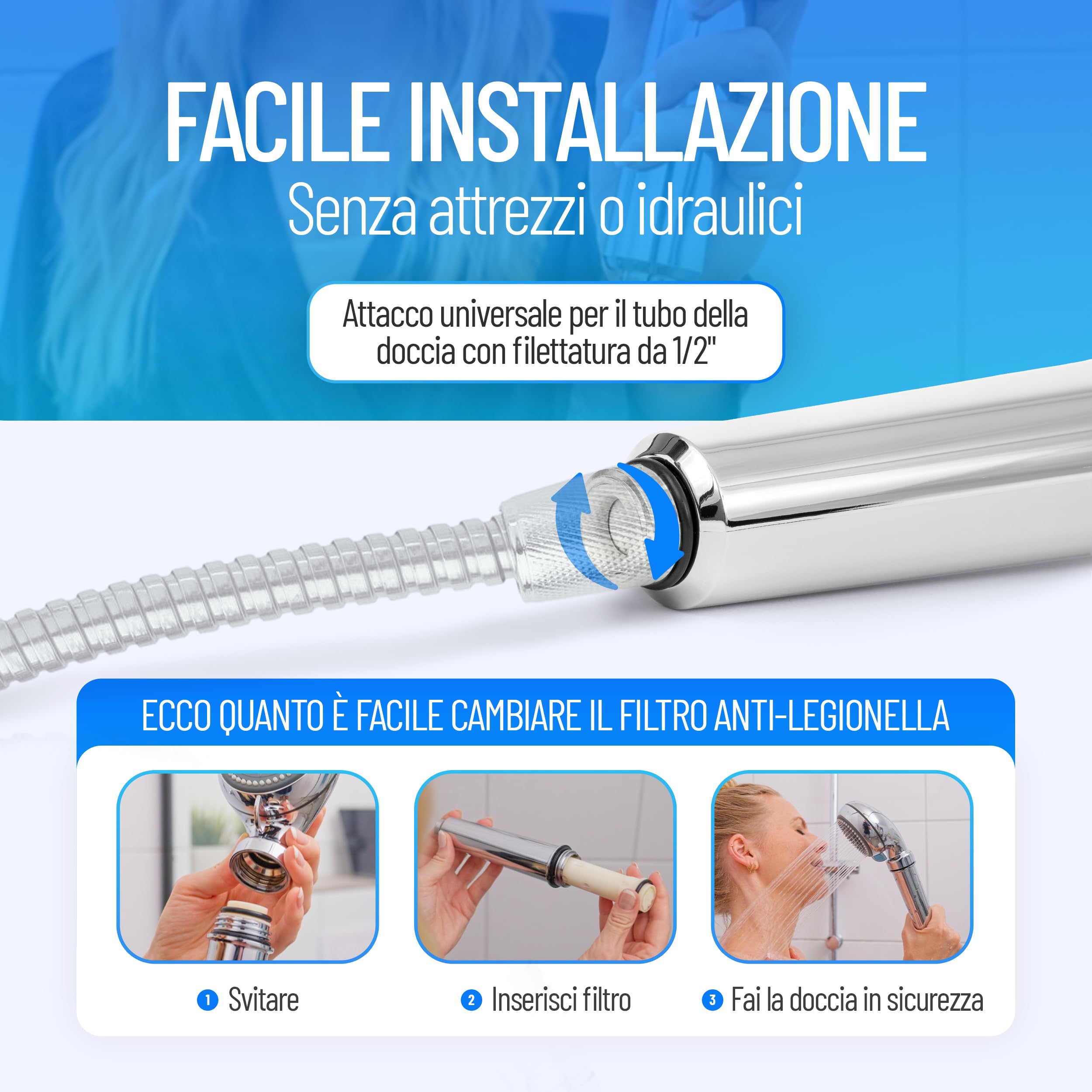 Soffione doccia con filtro antilegionella | Certificazione di protezione immediata contro la legionella | Tecnologia medica | Discreto e sicuro