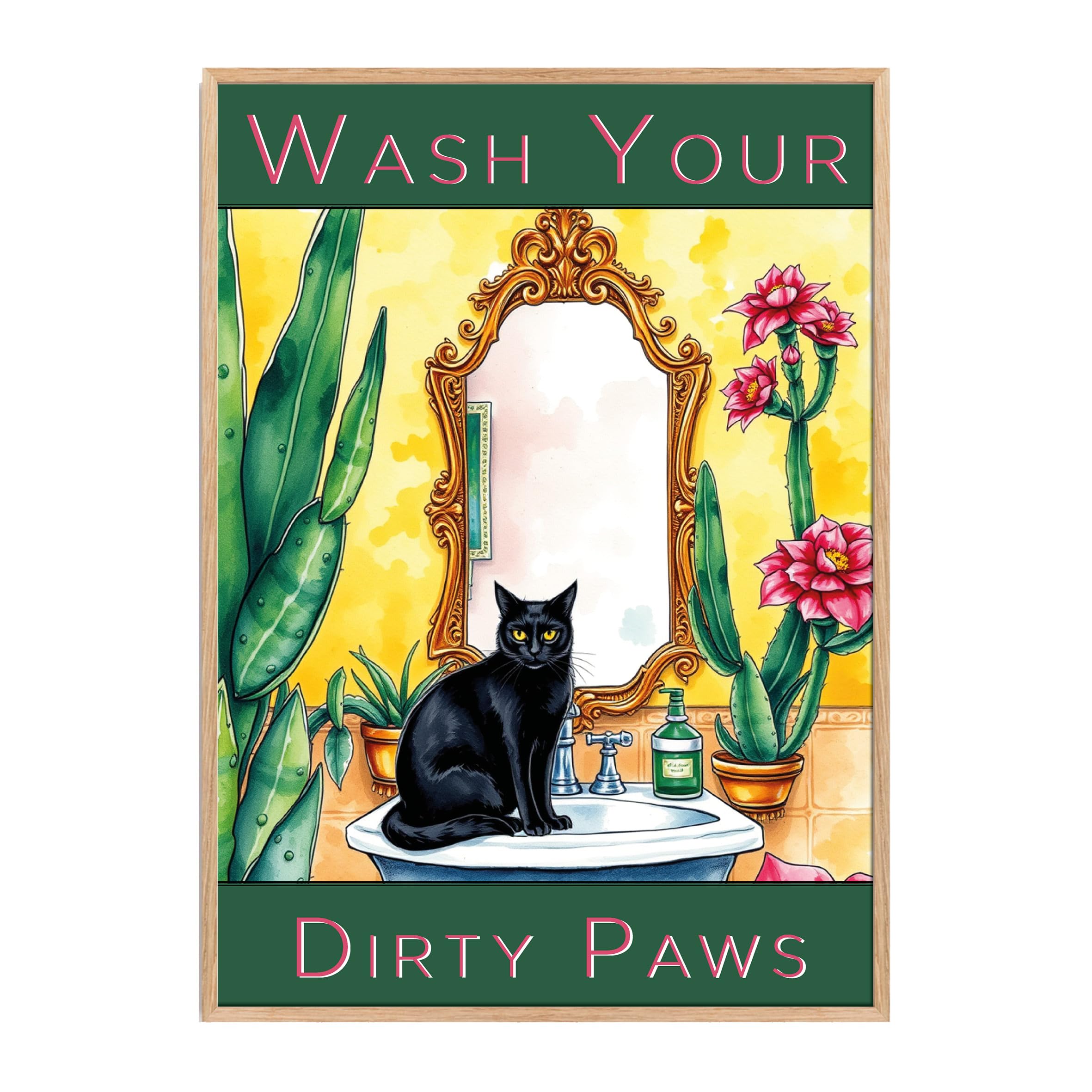 Wash Your Paws Funny Bathroom Wall Art Poster of a Black Cat sitting on a sink wash basin, cute poster print, emerald green, yellow, cactus, succulents (Dirty Paws, A5 - 148x210mm, Print Only)