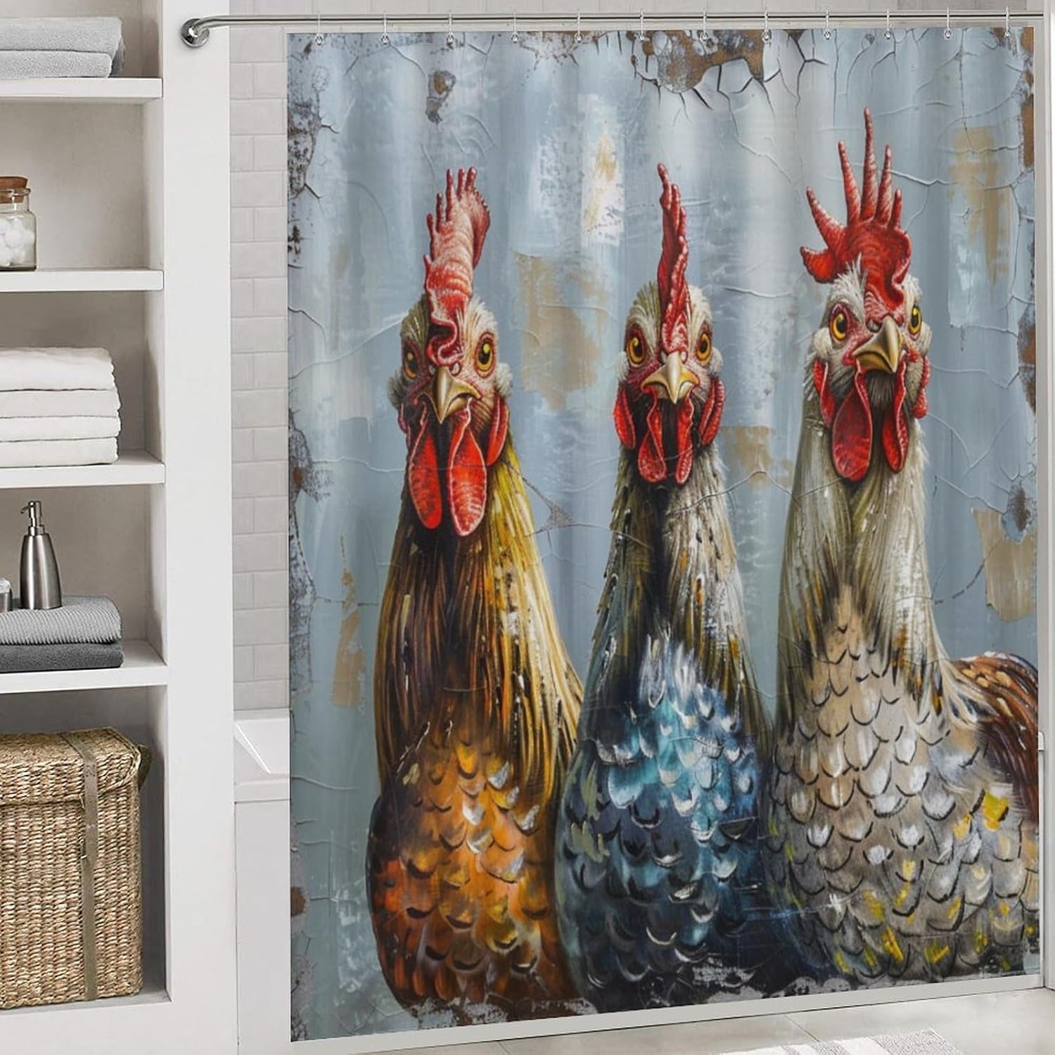 4Pcs Retro Chicken Bathroom Sets with Shower Curtain Rugs Mats Country Farmhouse Nature Animal Bathroom Decorations Sets with Non Slip Rugs Toilet Lid Cover Bath Mat, Style-4