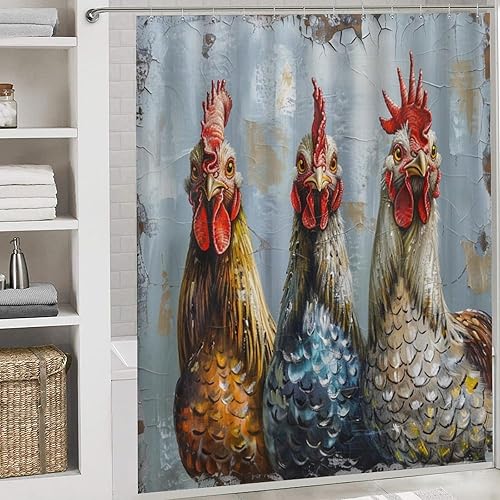 Miniatura 5 de Juego de 4 piezas de baño retro de pollo con cortina de ducha, alfombras de granja, animales naturales, decoración de baño con alfombras