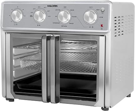 Kalorik MAXX Air Fryer Oven, 26 Quart 9-in-1 Countertop Toaster Oven and Air Fryer Combo - Fry, Bake, Roast, Rotisserie, More, Large Glass French Doors & 7 Accessories, 1700-Watts, Stainless Steel