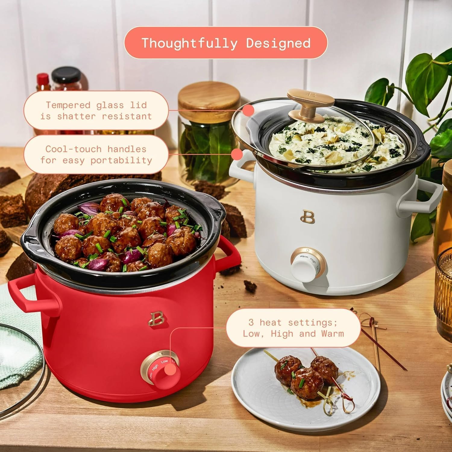 Beautiful 2qt Manual Slow Cooker, 2-Pack, Red and white Cute Oiriginal.