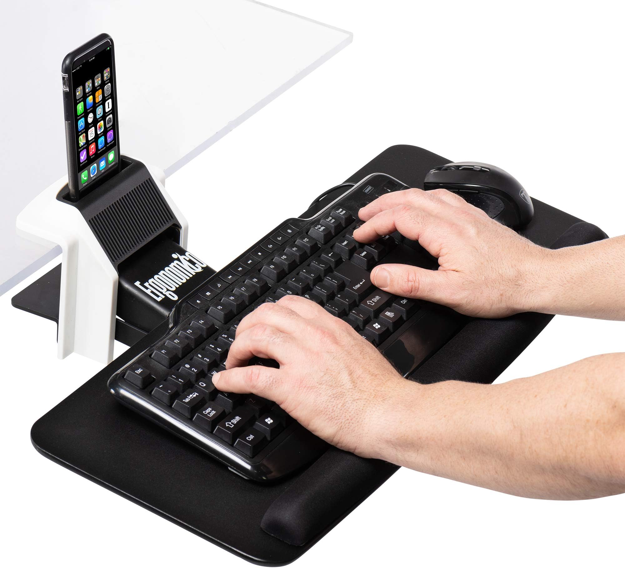 Ergonomic Clamp On Keyboard Tray with Smartphone Tablet Stand – Adjustable Height and Angle Swivels, Raises and Tilts Your Keyboard to The Perfect Position, Includes Wrist Support Rest