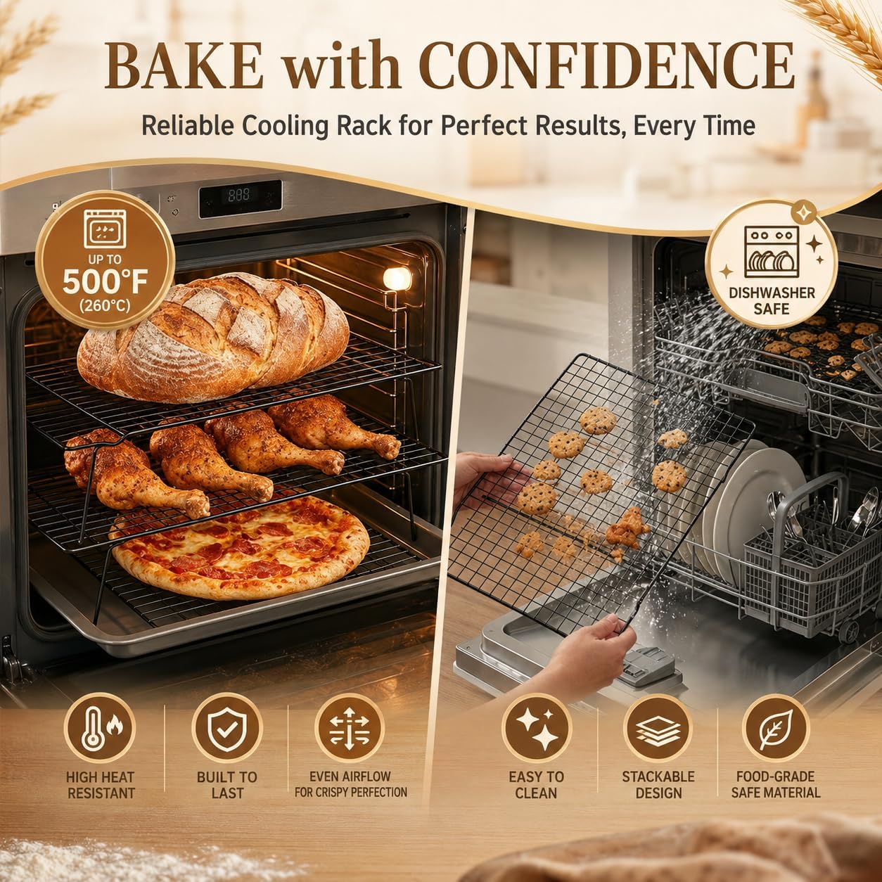 Cooling Racks for Baking, 3-Tier Stackable Stainless Steel Wire Cooling Rack Set of 3 (10"x15") with 100 Paper, Oven Safe Heavy Duty Rust-Resistant Wire Rack for Cookie Sheet Roasting Grilling.