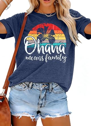 Womens Hawaiian Shirt Ohana Means Family Graphic Tee Beach Vacation Outfit