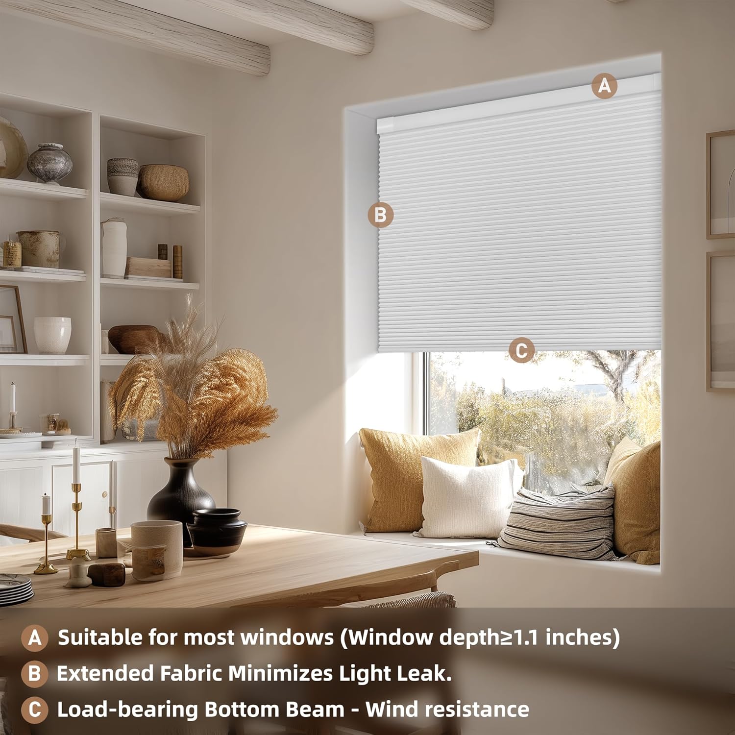 No Drill No Tools Blackout Cellular Shades Easy to Install, Cordless Honeycomb Blinds for Indoor Windows, Thermal Insulation Noise Reducing UV Protection, White, Custom Size.