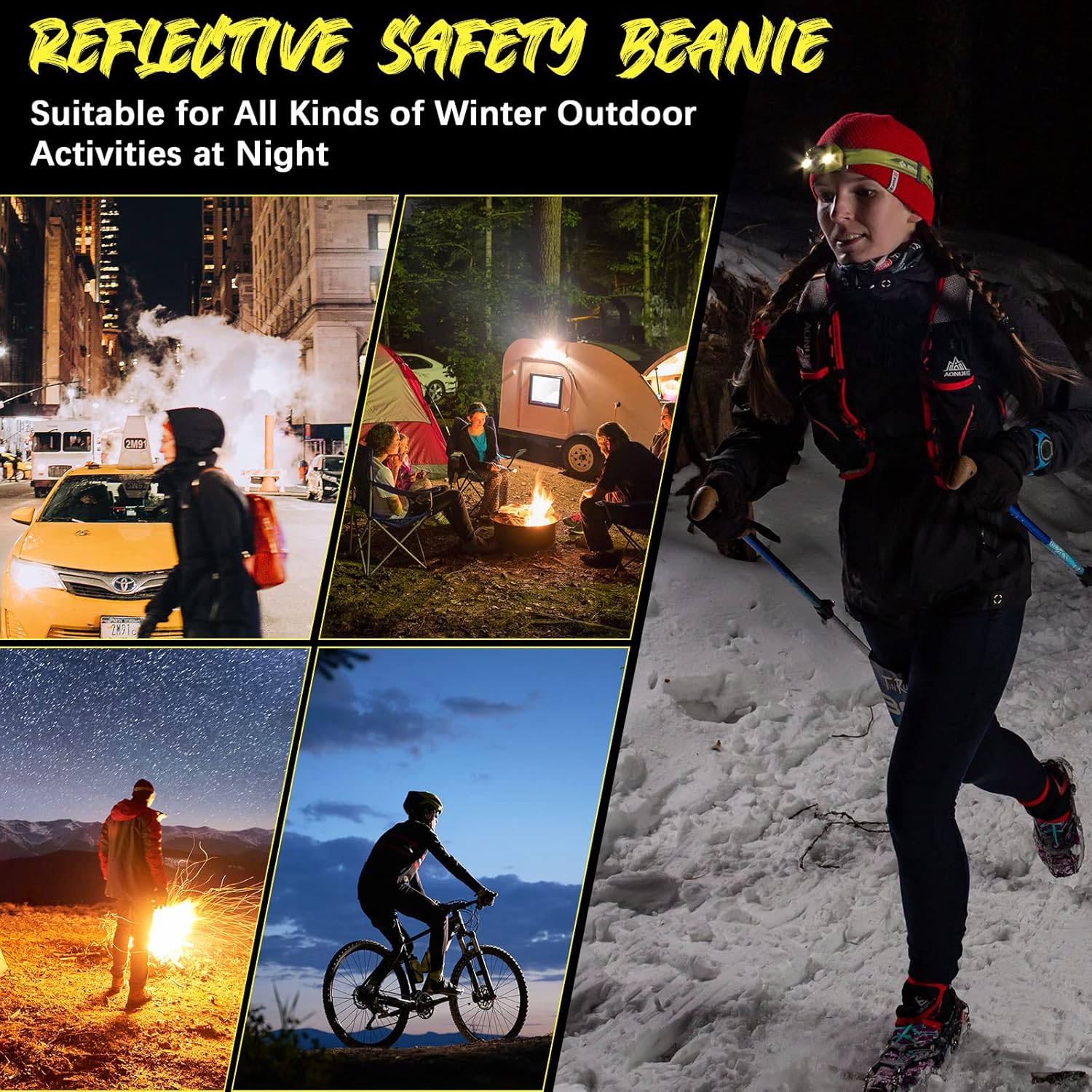 4 Pieces Reflective Hats for Men High Visibility Safety Knit Hats Unisex Winter Cold Weather Running Beanie Knitted Beanie with Reflective Stripe for Men Winter Running - Image 5