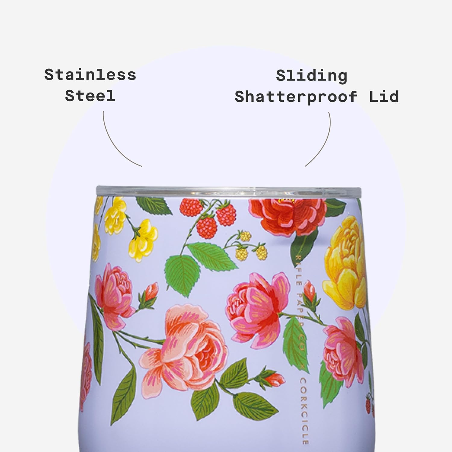 Corkcicle Stemless Insulated Wine Glass Tumbler - Keeps Beverages Cold 6 Hrs Hot 3 Hrs - Stainless Steel - Easy-Grip - Gift for Mom - Great for Mother's Day or Christmas - 12 oz - Roses Purple