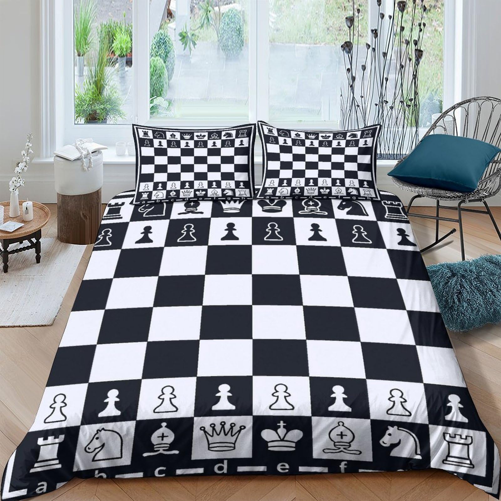 Ctjqhvkz Style-3 3D Printed Chess Board Fitted Sheet Microfiber Soft Black White Chess Pieces Bed Sheet Bedroom Guest Room Decor Single（135X200cm）