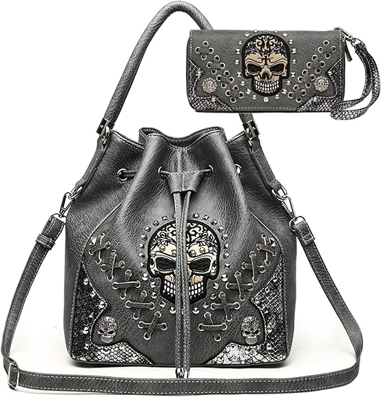 Punk Gothic Rock Metallic Skull Rivet Studded Skeleton Purse Sugar Skull Women Handbag Fashion Shoulder Bag Wallet Set