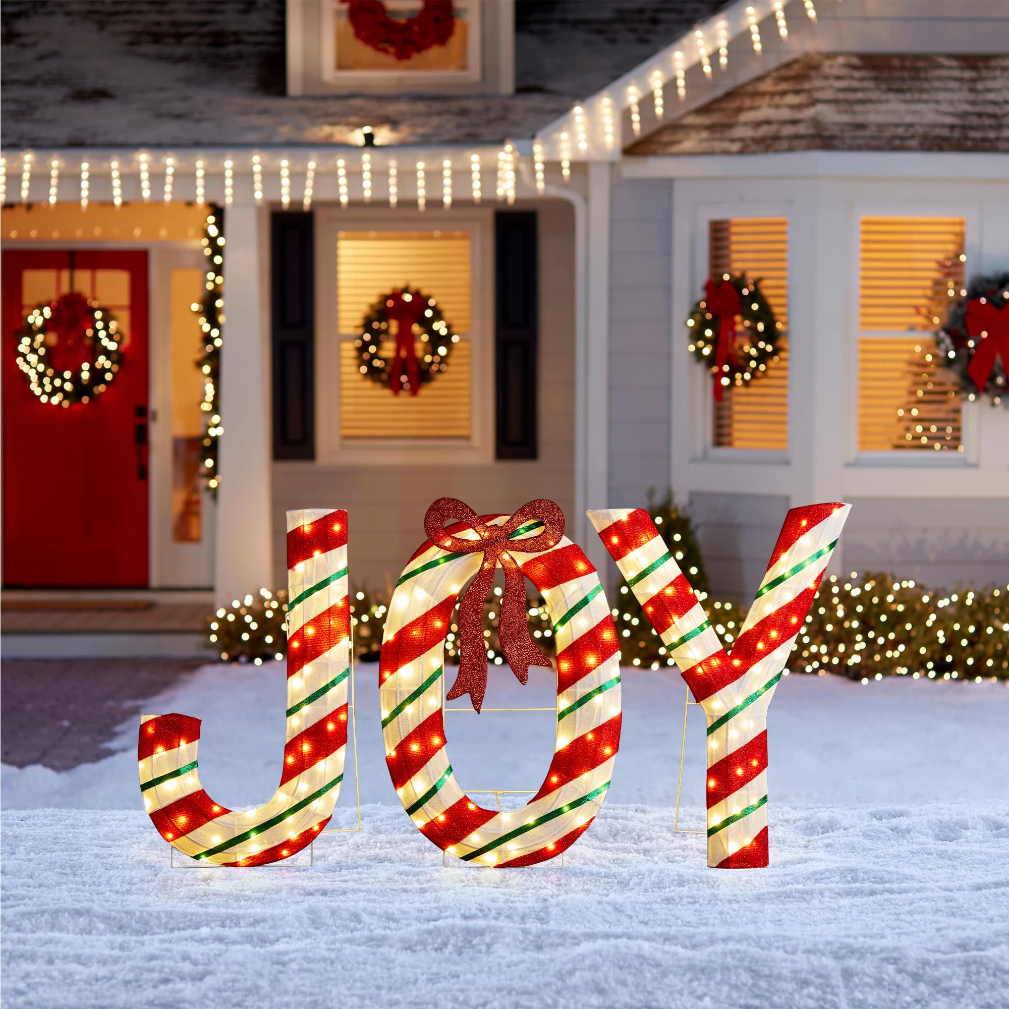 Glitzhome Joy Décoration de Noël Lumineuse avec 160 LED Blanc Chaud, Lettres en Tissu à Rayures en Sucre d'orge, Grand Panneau Festif pour Vacances, Porche, pelouse
