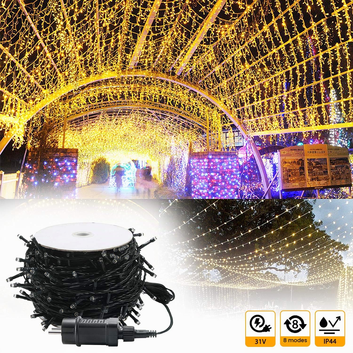 UISEBRT Guirlande Lumineuse LED Extérieure Intérieure 100m - Décoration pour Halloween, Noël, Pâques, Mariage, Fête, avec 8 modes d'éclairage, étanche IP44 (100m 1000LED, Blanc chaud)