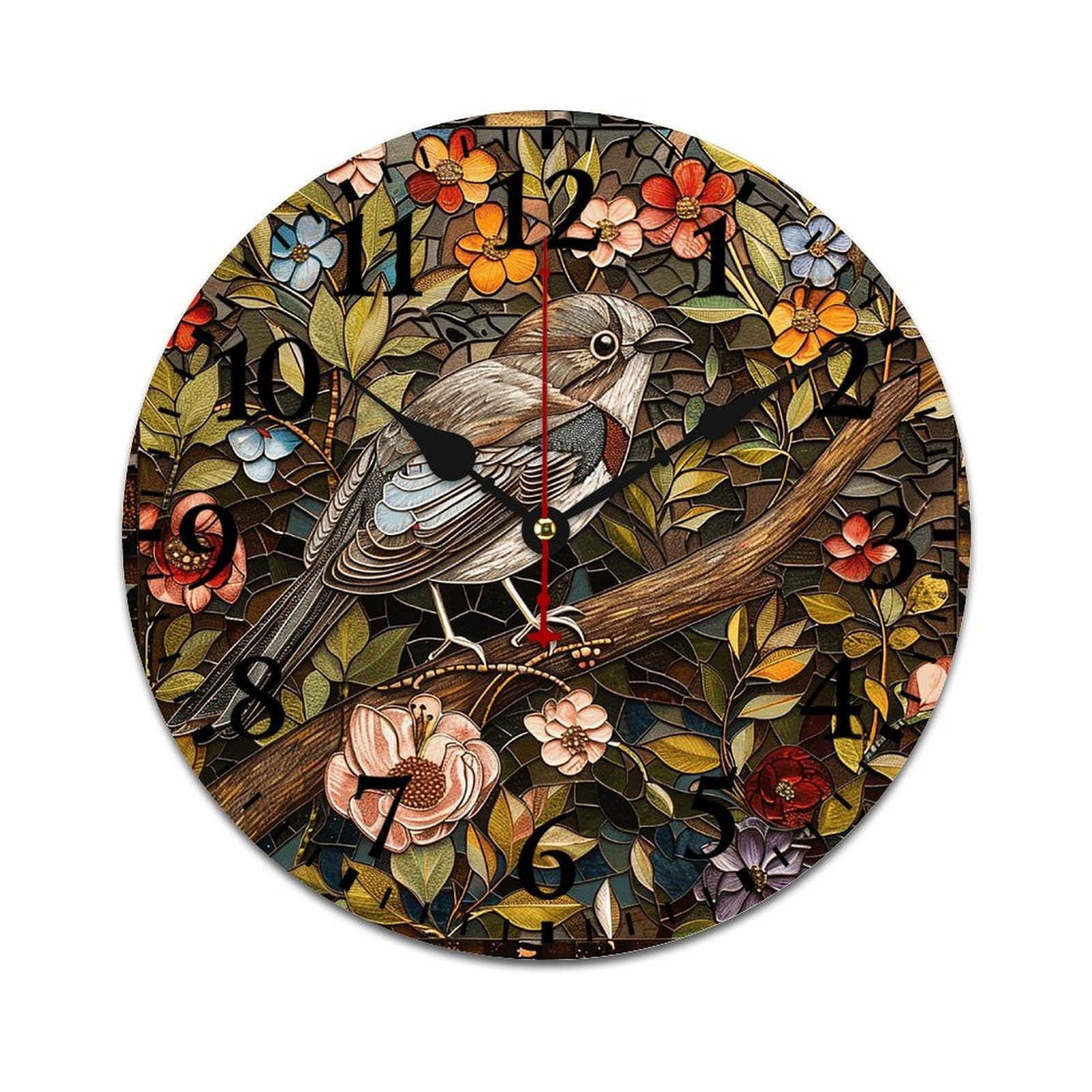 NTVOWPZO 10 Inch Wall Clock Wooden Bird Perched on Branch Battery Operated Wall Clocks Silent Non-Ticking Square Wall Clock for Living Room Kitchen Home Office Wall Decorative Clocks