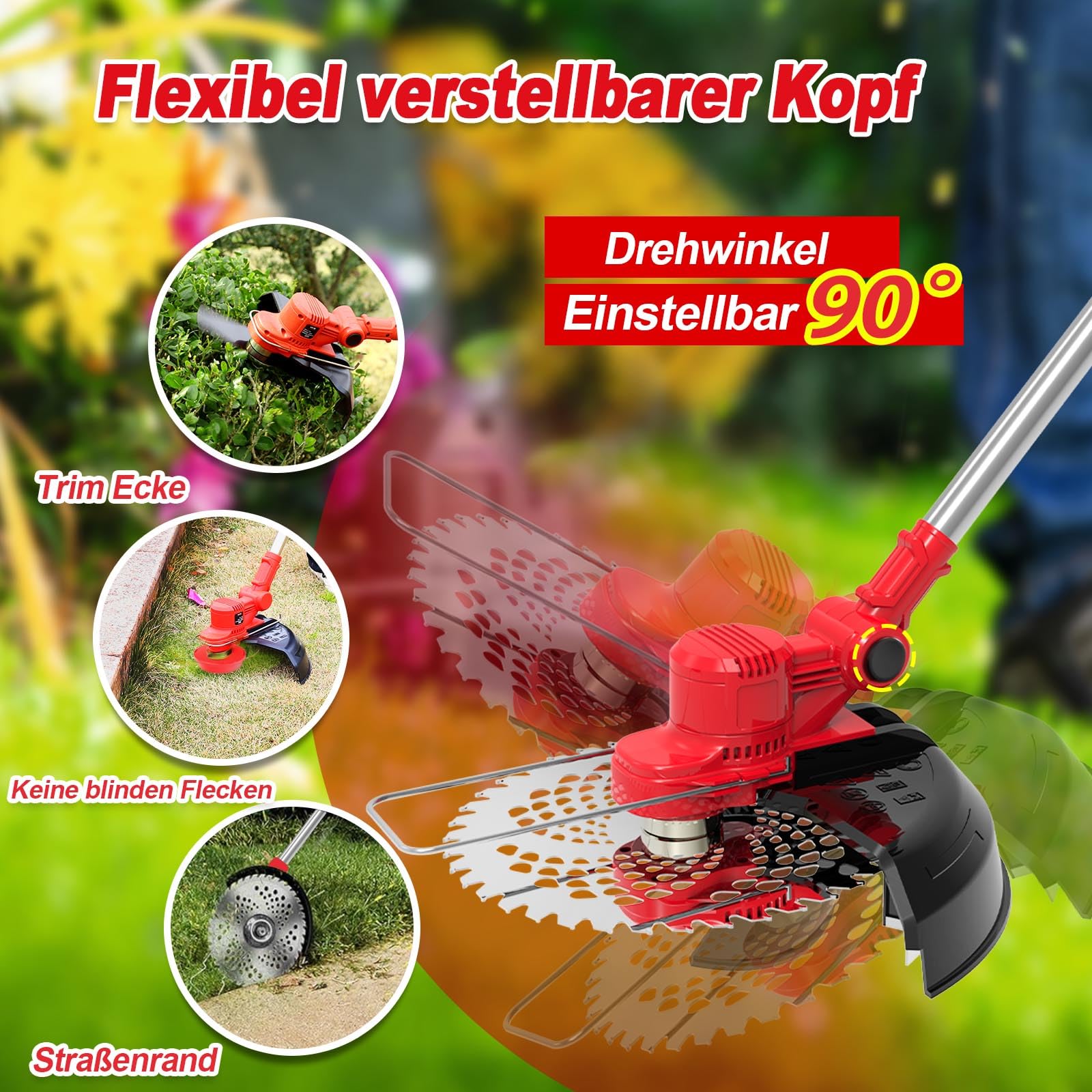 Rasentrimmer mit Akku und Unkrautbürste,21V Akku Rasentrimmer für Makita Akkus,Inkl 2X4.0Ah Akku & Ladegerät,5 Klingentypen Akku Freischneider,90° Drehkopf,für Garden Trimmen,Rot