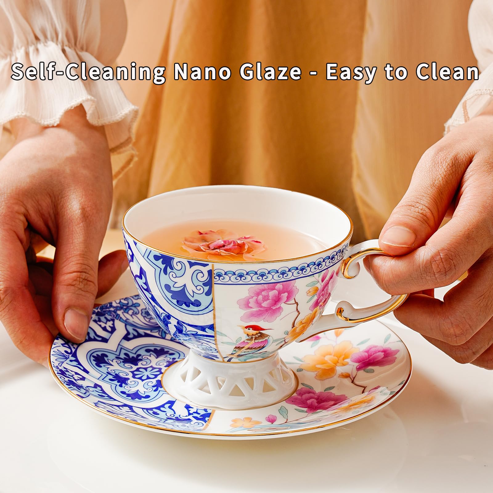PANAOAHU Bone China Cup & Saucer Set, Ceramic Coffee Cup with Gold