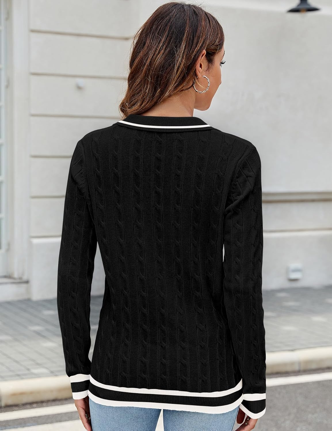 Micoson Womens Fall Long Sleeve Sweaters Lapel V Neck Cable Knitted Pullover Casual Soft Jumper Top - Image 3