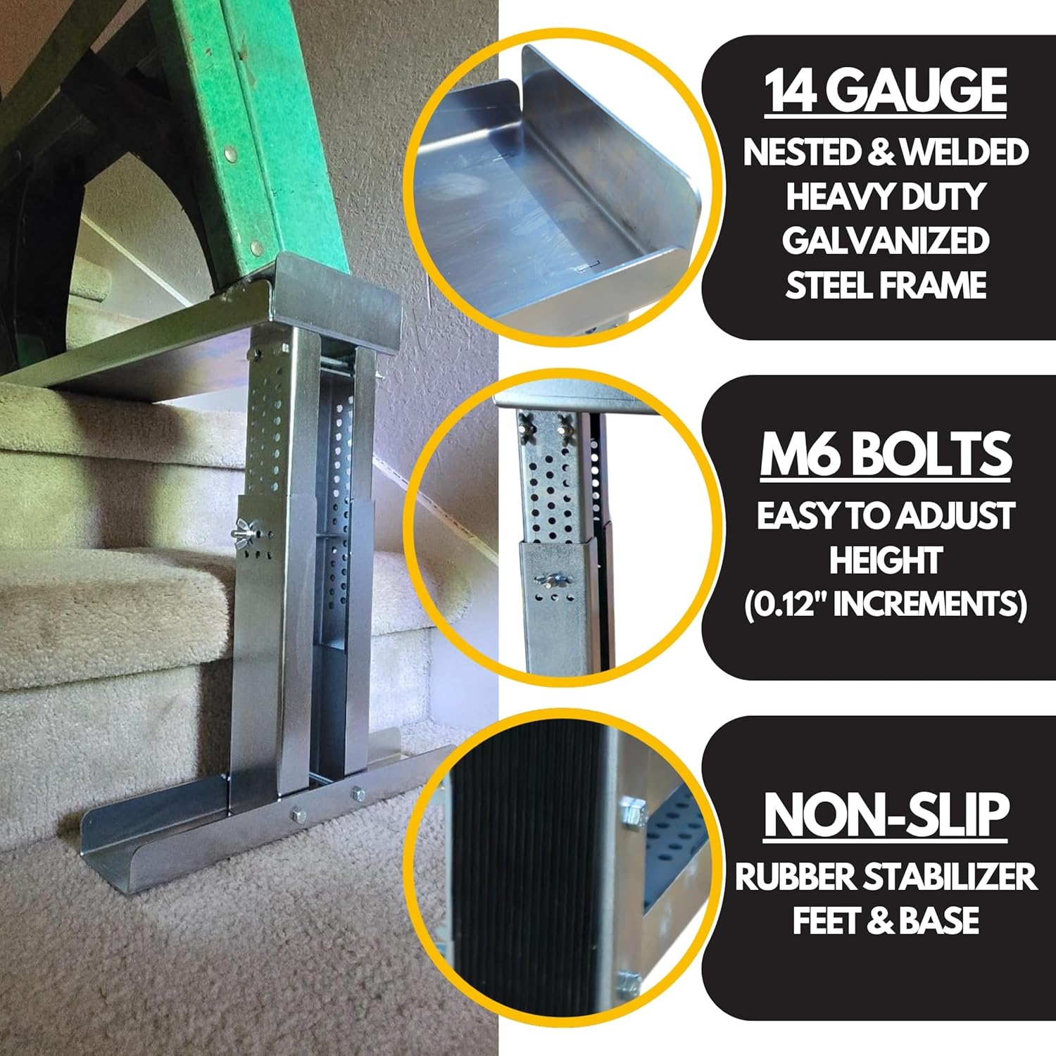 Renovatio Stair Ladder Platform – Ladder Extender & Ladder Leveler for Stairs, Heavy-Duty Adjustable Stabilizer Feet, Galvanized Steel Stairwell Scaffold Platform, 450 lb Load, 24" x 5.5"