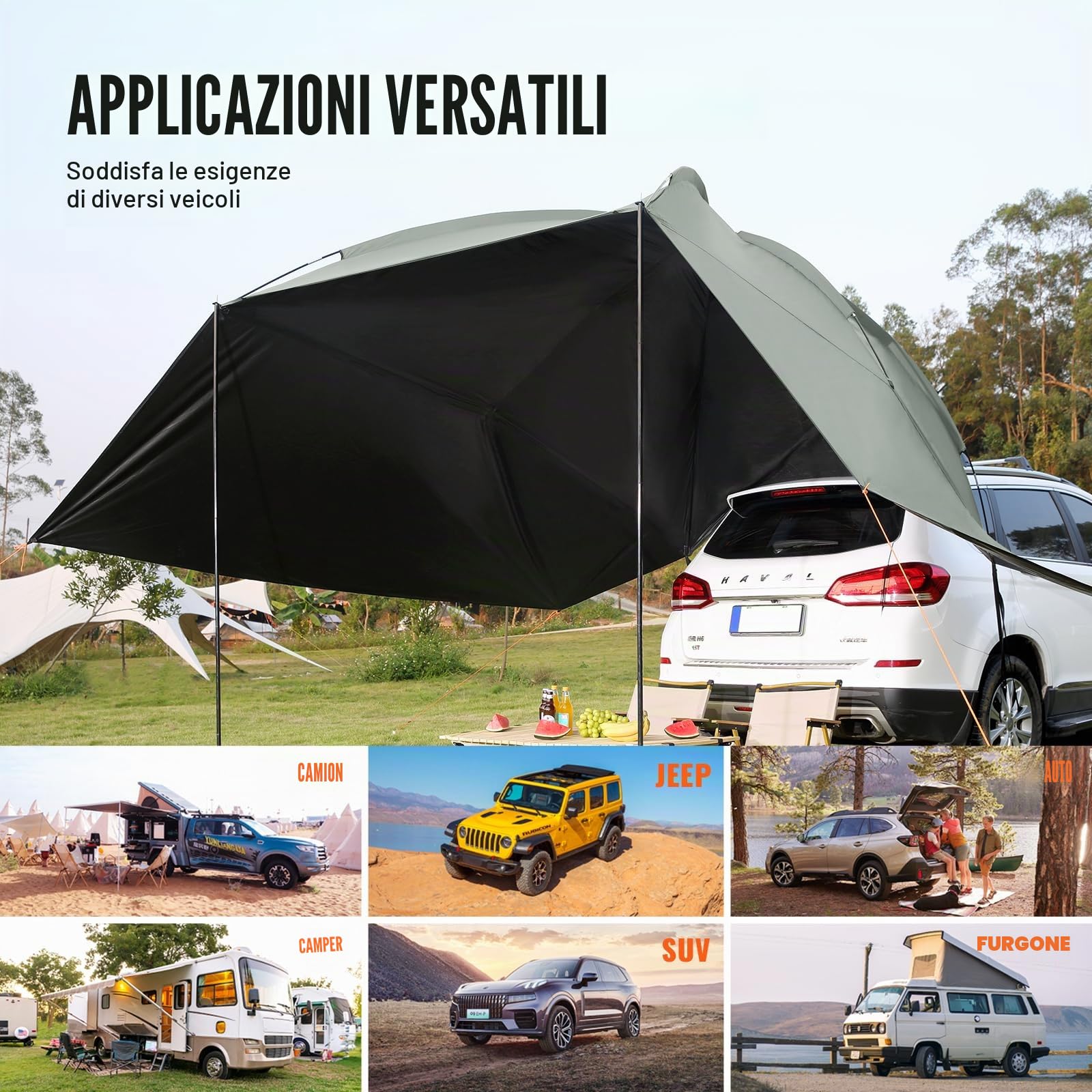 VEVOR Tendalino Auto 3x2,1m Tenda Laterale per Auto di Grandi Dimensioni PU2000mm UV50+ Resistente al Sole/Acqua/Vento con Borsa Portatile Tendalino Laterale/Posteriore per Camion SUV Furgoni Camper
