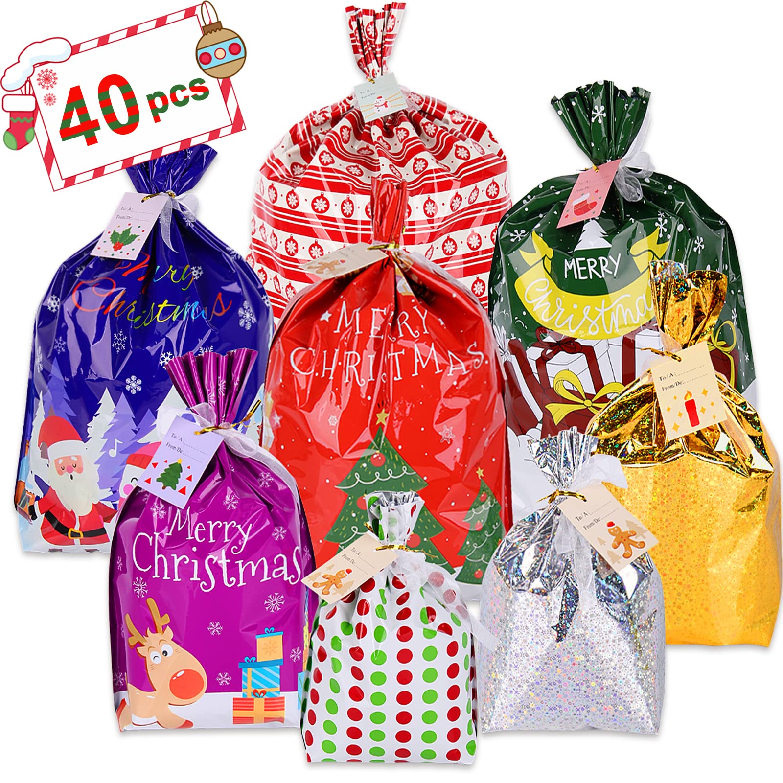 40PCS Christmas Gift Bags, Christmas Gift Bags Set with Ribbon Tie Large Medium Small Assorted Sizes Christmas Gift Bags with Tags, Xmas Party Gifts Bags For Christmas Holiday Supplies (8 Designs)