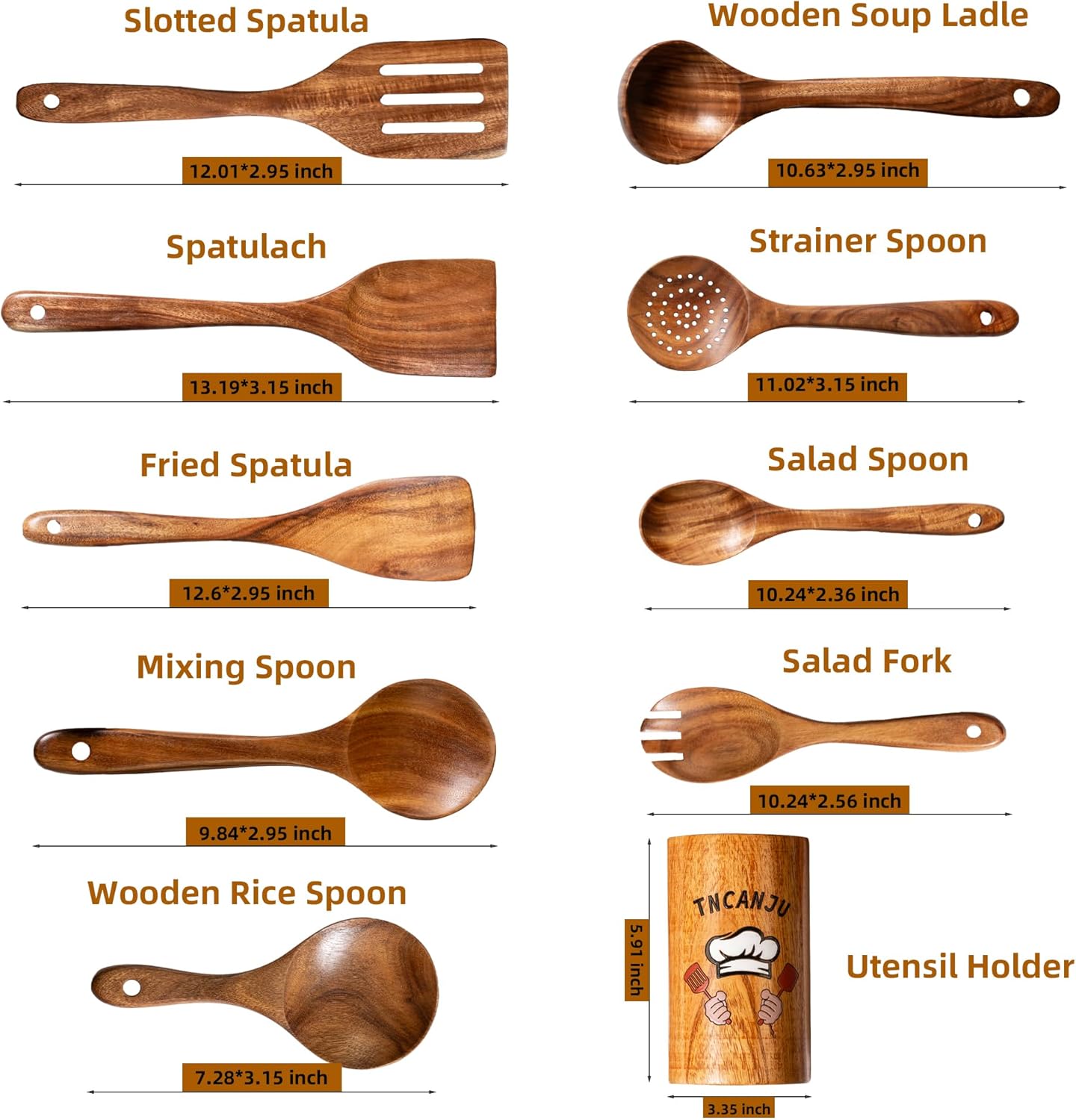Premium Teak Wood Cooking Utensils Set - 10 Piece Natural Wooden Spoons for Cooking, Heat Resistant & Non-Scratch Kitchen Tools with Ergonomic Handle for Non-Stick Pans