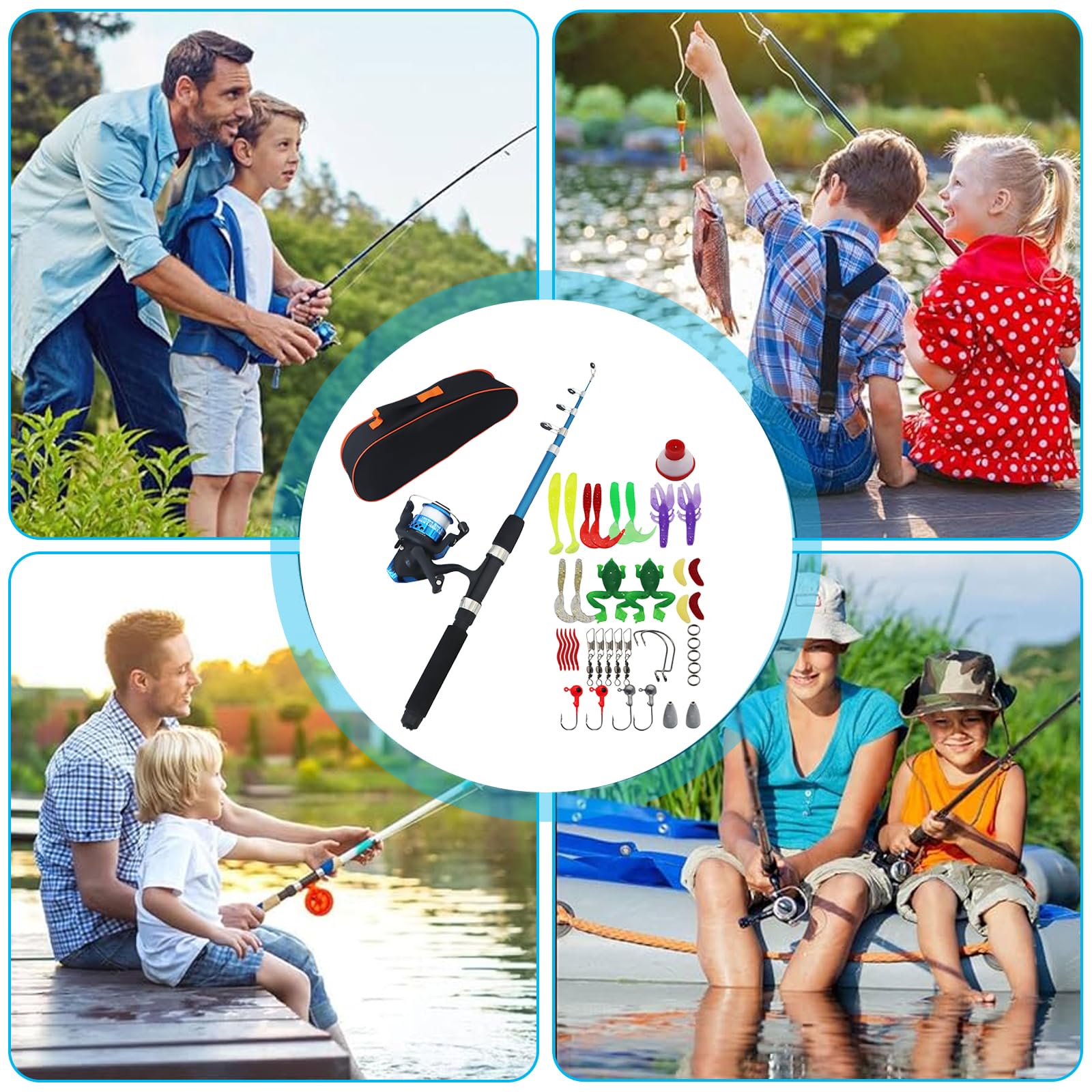 Canne à Pêche Enfant 1,5 m, Kit de Pêche Complet avec Moulinet, Boîte d’Appâts Bleu B, Canne à Télescopique et Sac de Transport