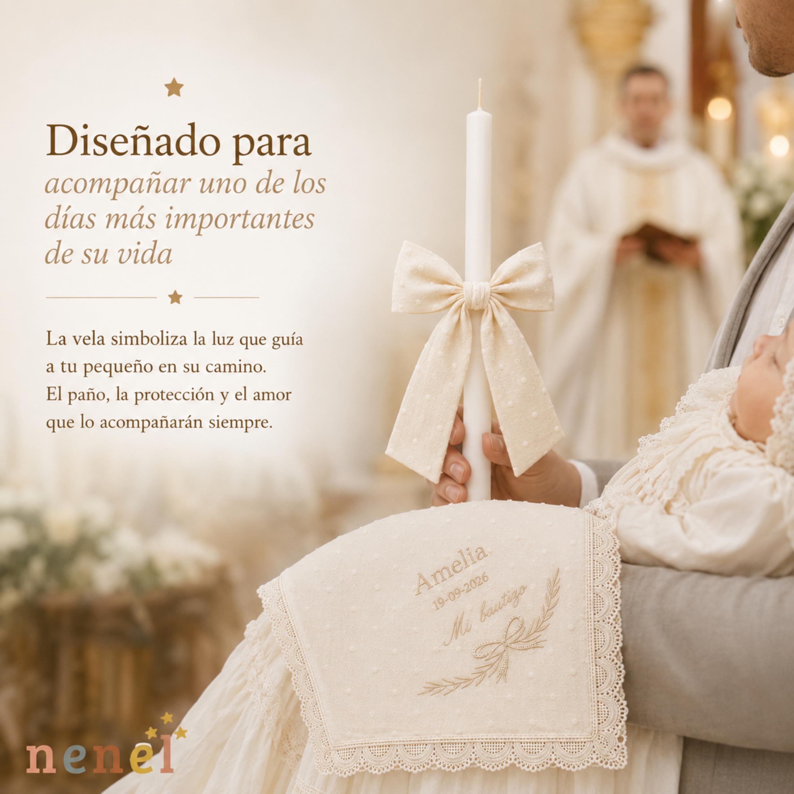 Nenel | Kit de Bautizo Personalizado con Vela y Paño Bordado Plumeti Beige – Regalo Recuerdo Original Bautismo – Cirio Bautismal con Lazo y Toalla con Nombre y Fecha