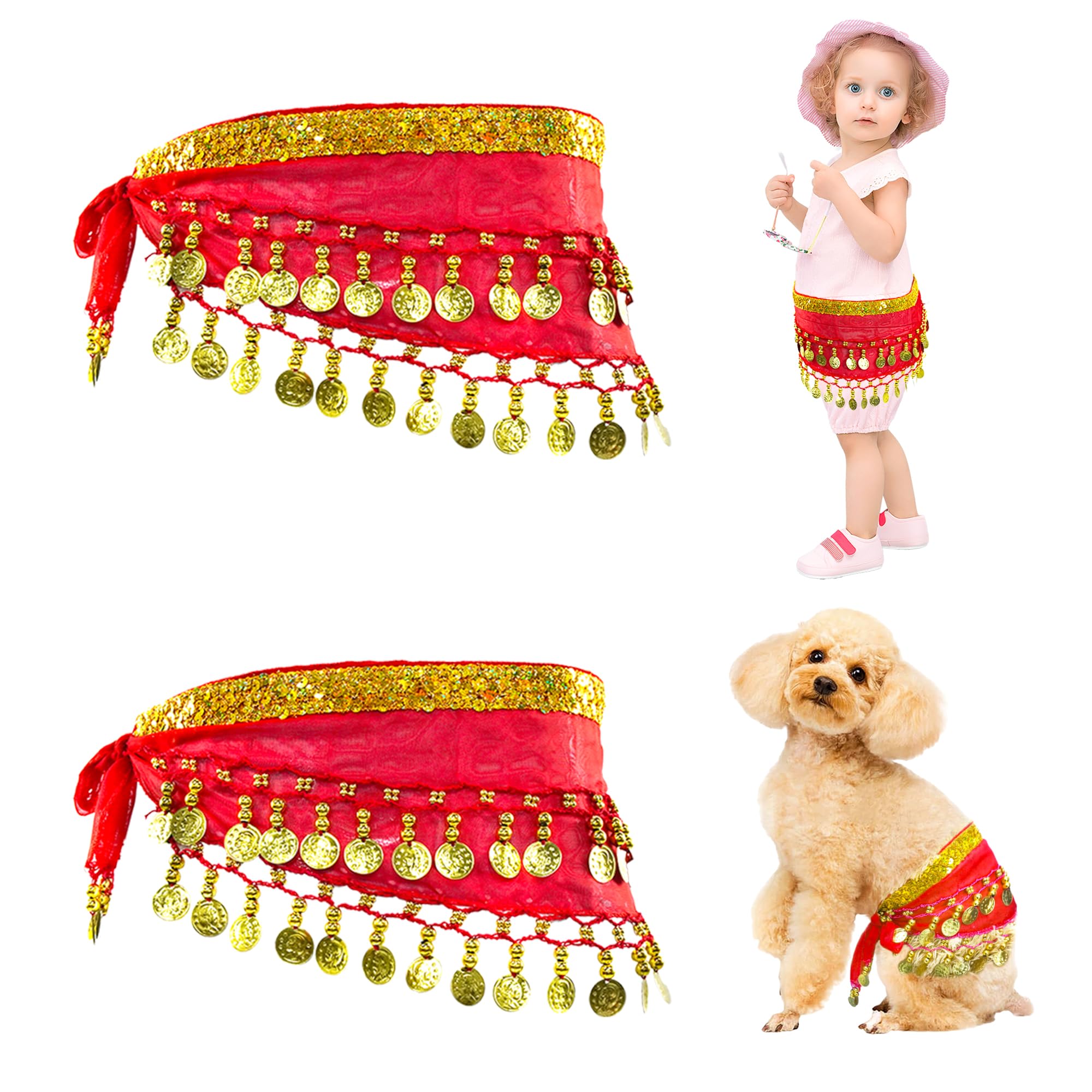 Baisdan 2 Pcs Belly Dance Hip Scarf for Dogs Adjustable Dog Belly Dancer Skirt with Sequin & Coins