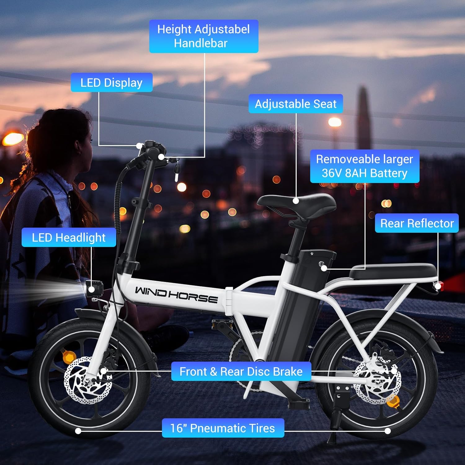 SEHOMY 2-Seat Electric Bike for Adults 630W Peak Motor, 25MPH Folding Ebike, 16" Adults Electric Bicycles with 30° Uphill, 288WH Removable Battery, 35 Miles Long Range, Commuter E Bikes Teens 14+