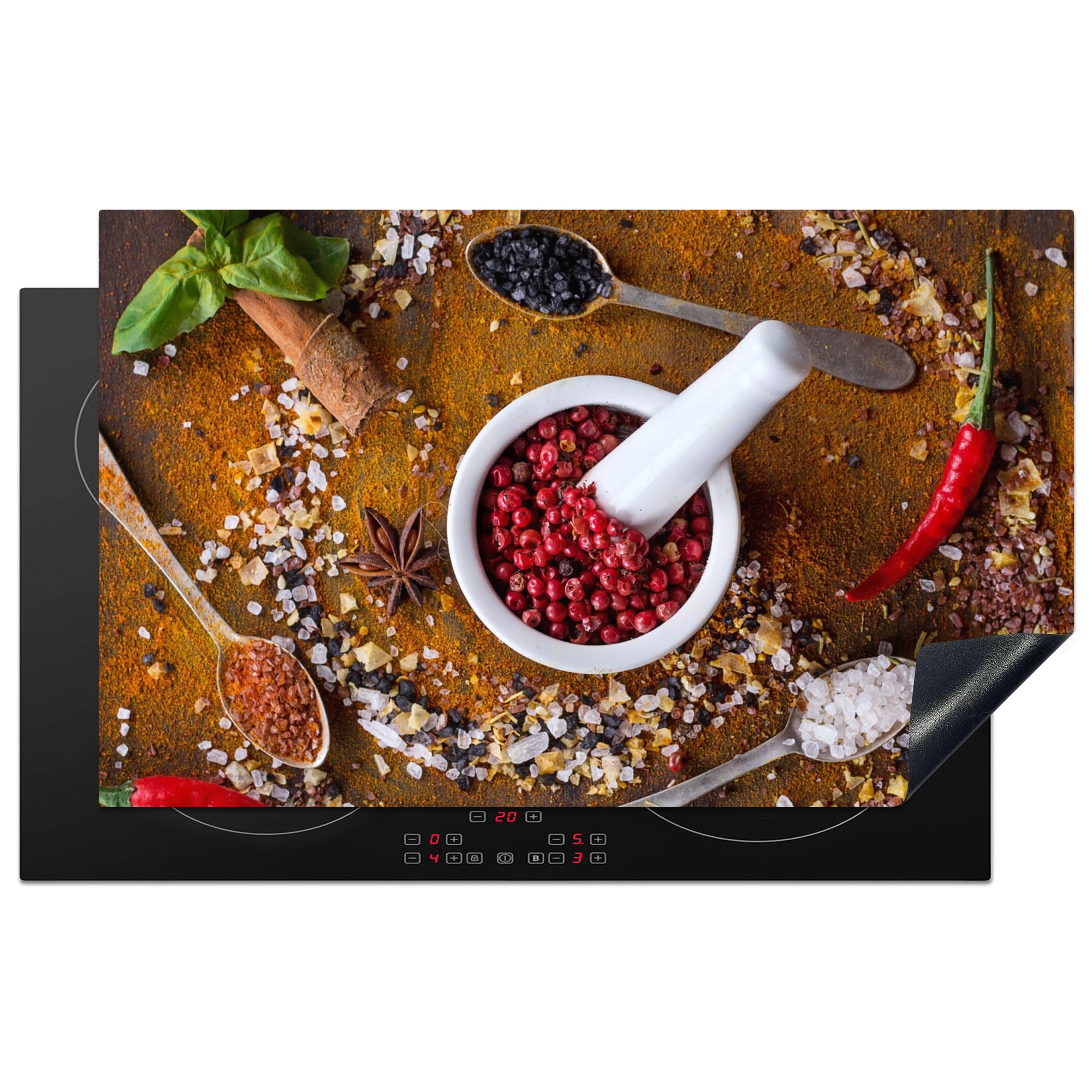 KitchenYeah© Induction Hob Protector Mat 20.3"x32.7" / 83x51.5 cm Cooker Top Protectors Cover Ceramic Covers Electric Hobs Vinyl Mortar - Herbs - Spoons - Spices - Brown - Pepper