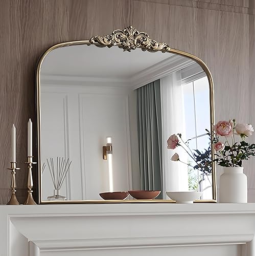 Miniatura 8 de Espejo vintage dorado, espejo antiguo de oro arqueado de 24 x 36 pulgadas para repisa de chimenea, espejos de baño de latón barroco para pared con