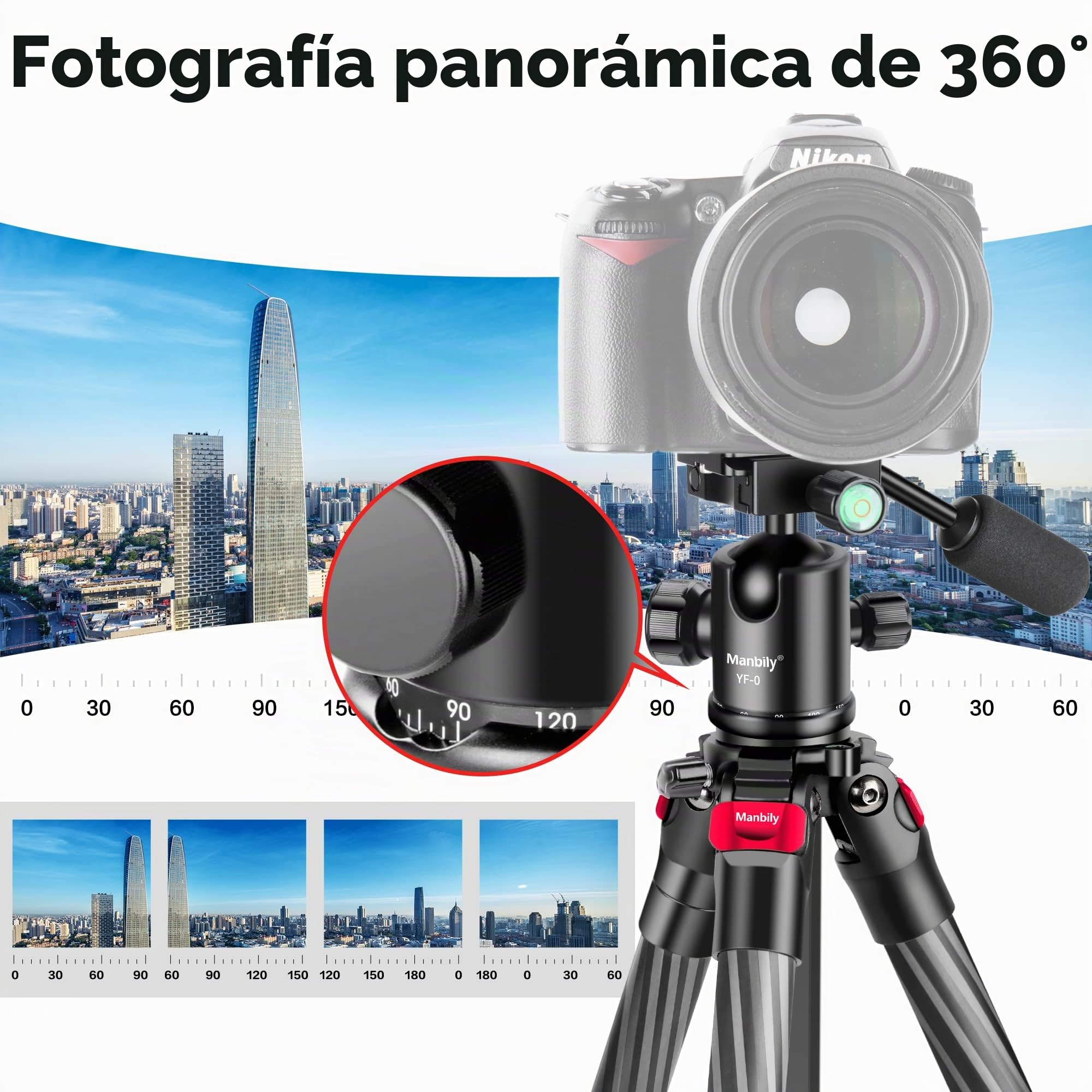 Trípode de Cámara Manbily 162cm Tripode para Movil Monopie Portátil para Viaje Trípode Camara DSLR Ligero Fotografía Monopié de Fibra de Carbono con 360° Panorámica Rótula de Bola Video (YS-254C+YF-0)