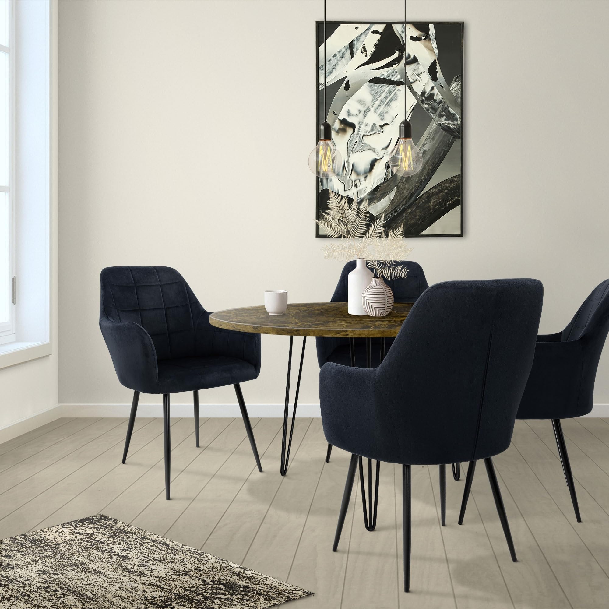 ECD Germany Lot de 2 Chaises de Salle à Manger Cuisine Salon Séjour - Noir - Assise Siège Rembourrée en Velours Structure en Métal Fauteuil Rétro avec Accoudoirs pour Bureau Réception Meuble Maison