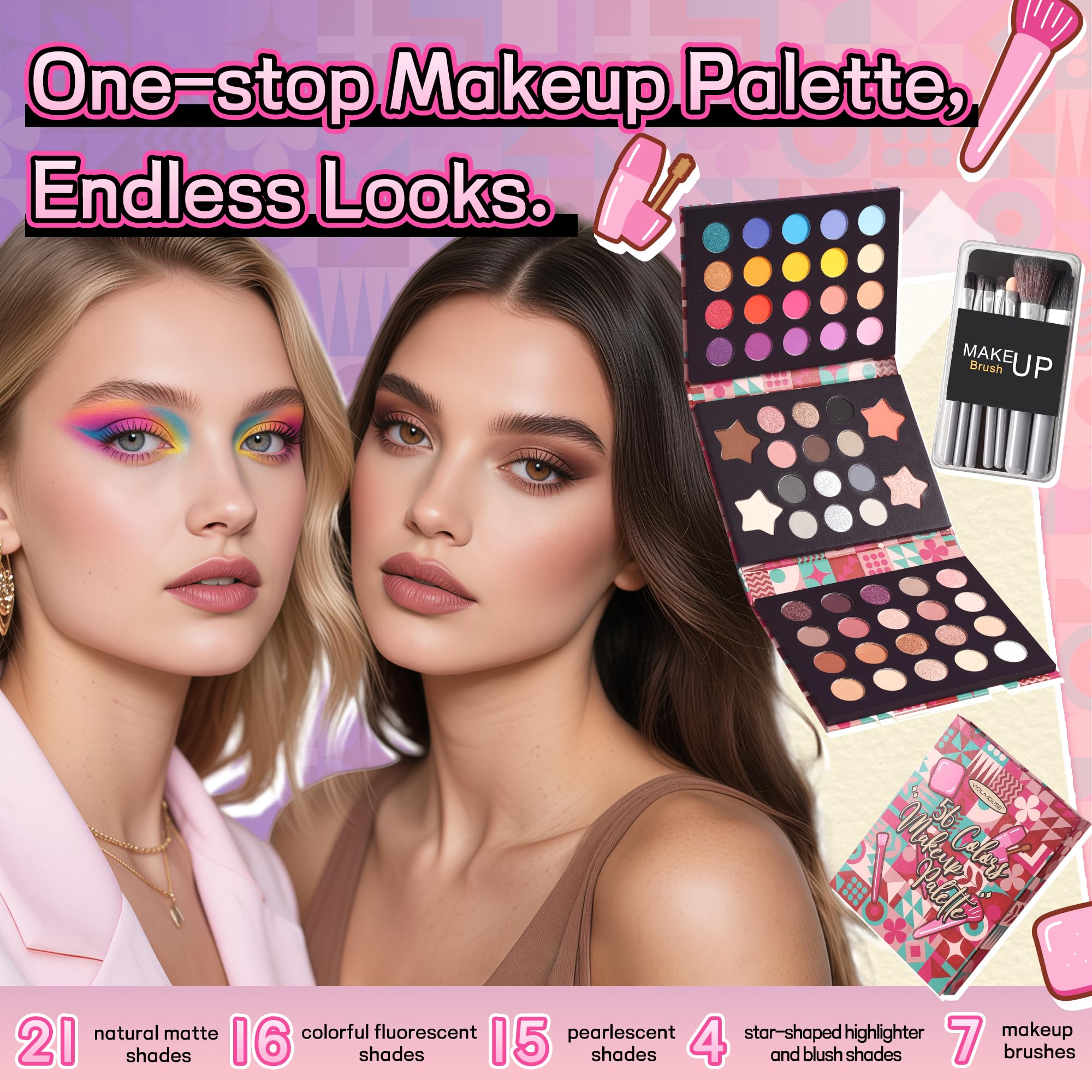 VIOLA HOUSE 56 Colors Eyeshadow Palettes,Makeup Kit Matte Glitter Shimmer Eye Shadows - Image 3