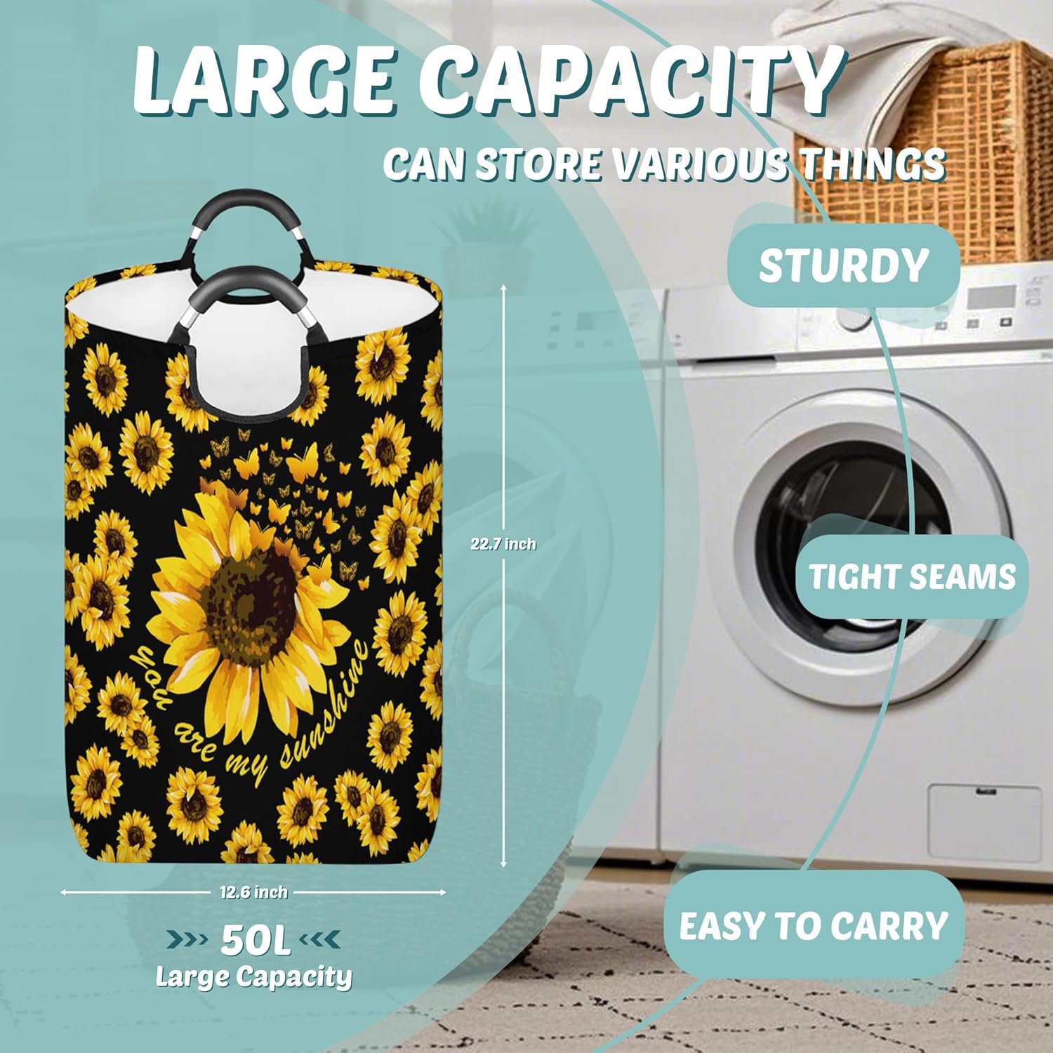 Sunflower Large Laundry Basket Decor Laundry Hamper Bag Collapsible Clothes Hamper with Handles Storage Baskets for Bathroom, Dorm, Family, 50L