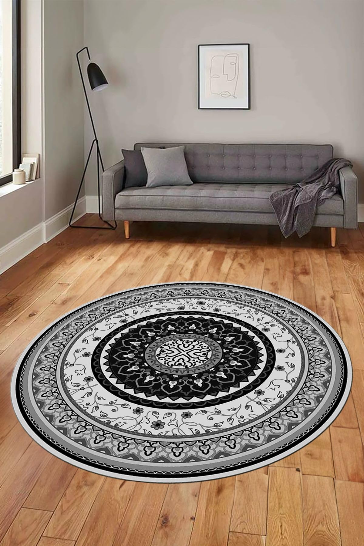 Evdeya Göbekli Klasik Dijital Kaymaz Taban Yıkanabilir Yuvarlak Mutfak Salon Halısı Y-KLASİK-18, Gri, 60 x 60