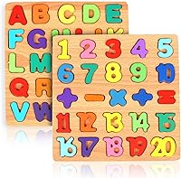 Rindion 2 Pack Wooden Alphabet & Number Puzzles for Toddlers 3-5, ABC Learning Toys, Preschool Educational Gifts for Boys Girls
