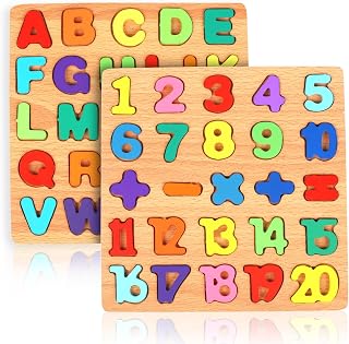 Rindion 2 Pack Wooden Alphabet & Number Puzzles for Toddlers 3-5, ABC Learning Toys, Preschool Educational Gifts for Boys Girls