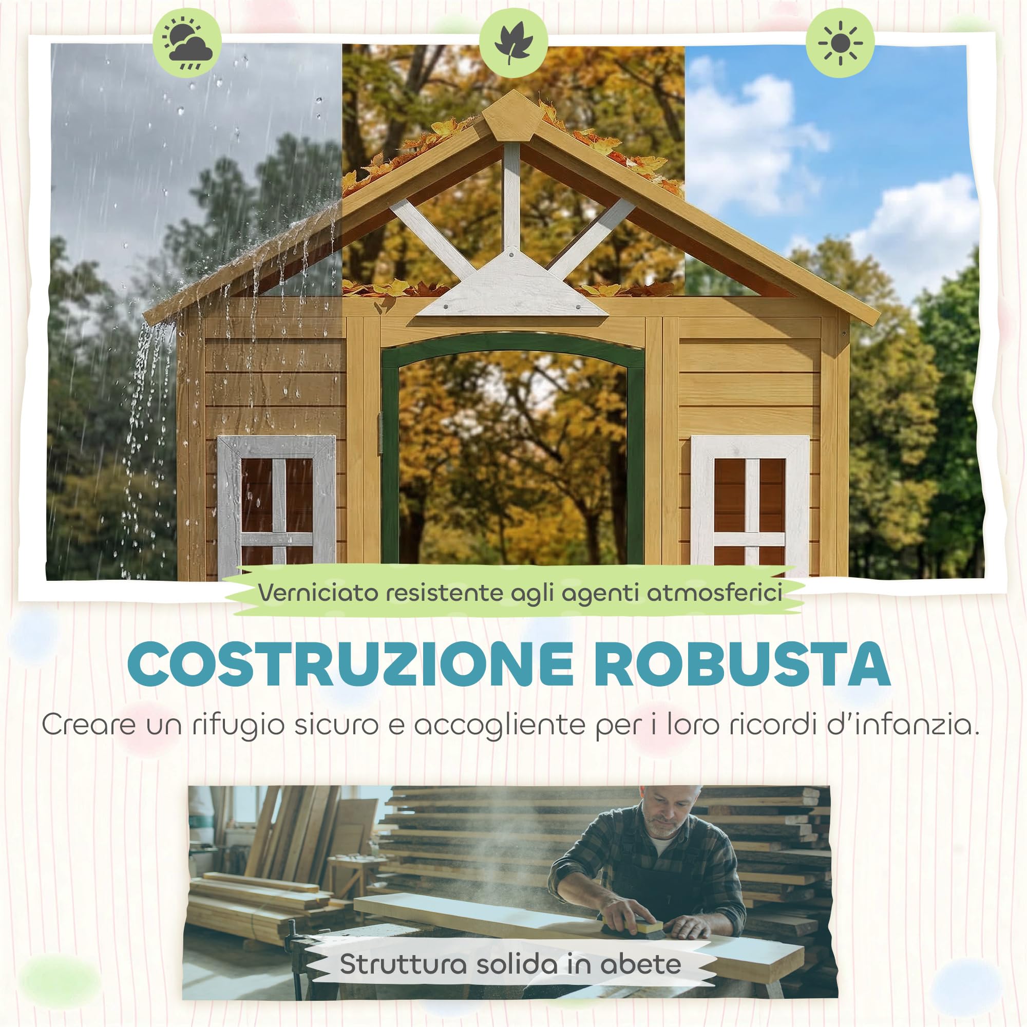 AIYAPLAY Casetta da Giardino per Bambini in Legno di Abete, Casetta per Bambini da Esterno con 3 Finestre, 2 Fioriere, Porta e Tetto, per Bimbi 3-8 Anni, Interno ed Esterno, 134.5x97x150 cm, Marrone