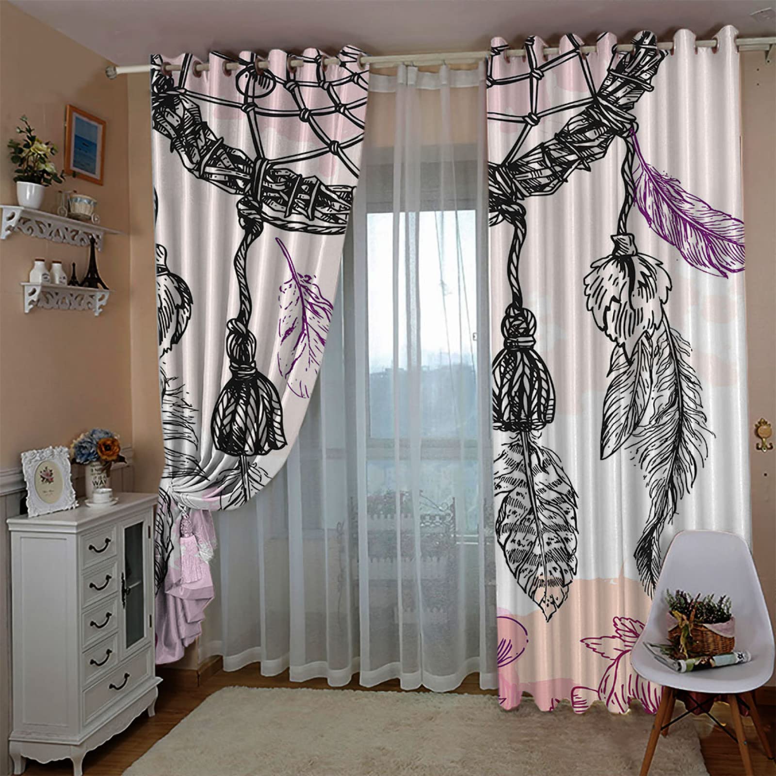 Verdunkelungsvorhänge, superweich, rosa und Traumfänger, für Kinderzimmer, energiesparender Vorhang, solides, langlebiges Polyester, blockierende Ösenbehandlungssets für Kinderzimmer, 2 Bahnen B 117 c